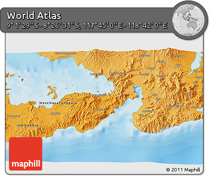 Political 3D Map of the Area around 8° 44' 0" S, 118° 13' 29" E