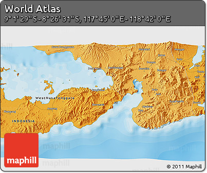 Political 3D Map of the Area around 8° 44' 0" S, 118° 13' 29" E