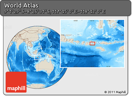 Shaded Relief Location Map of the Area around 8° 44' 0" S, 118° 13' 29" E