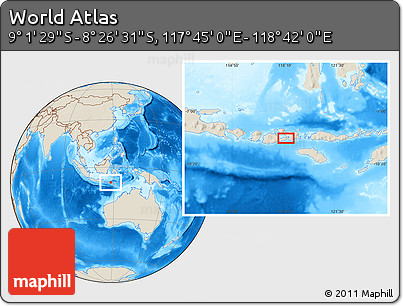 Shaded Relief Location Map of the Area around 8° 44' 0" S, 118° 13' 29" E