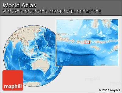 Shaded Relief Location Map of the Area around 8° 44' 0" S, 118° 13' 29" E