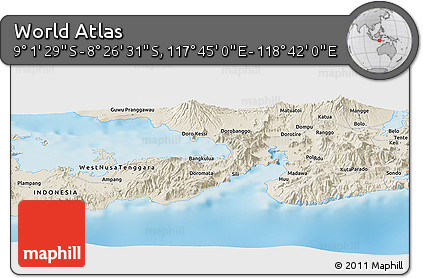 Shaded Relief Panoramic Map of the Area around 8° 44' 0" S, 118° 13' 29" E
