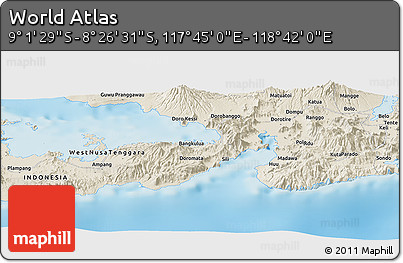 Shaded Relief Panoramic Map of the Area around 8° 44' 0" S, 118° 13' 29" E