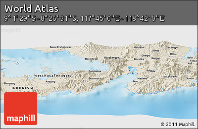 Shaded Relief Panoramic Map of the Area around 8° 44' 0" S, 118° 13' 29" E