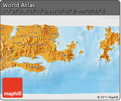 Political 3D Map of the Area around 8° 44' 0" S, 119° 4' 29" E