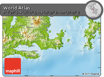 Physical Map of the Area around 8° 44' 0" S, 119° 4' 29" E