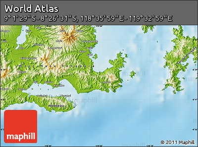 Physical Map of the Area around 8° 44' 0" S, 119° 4' 29" E
