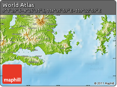 Physical Map of the Area around 8° 44' 0" S, 119° 4' 29" E