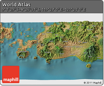Satellite 3D Map of the Area around 8° 44' 0" S, 119° 55' 30" E