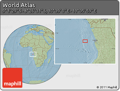 Savanna Style Location Map of the Area around 8° 44' 0" S, 11° 7' 30" E, hill shading