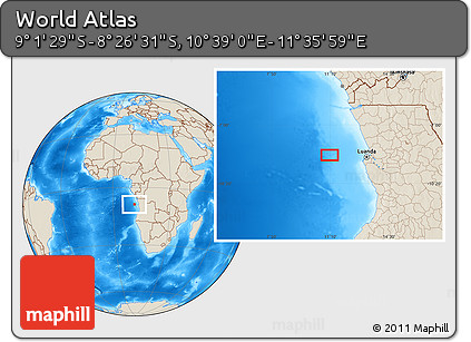Shaded Relief Location Map of the Area around 8° 44' 0" S, 11° 7' 30" E