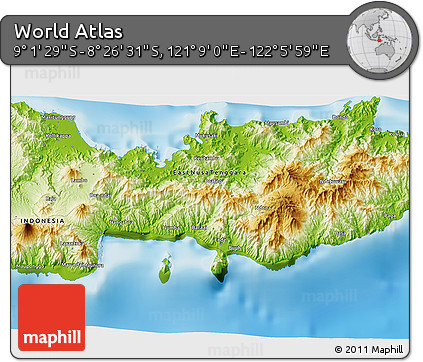 Physical 3D Map of the Area around 8° 44' 0" S, 121° 37' 30" E