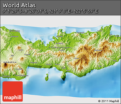 Physical 3D Map of the Area around 8° 44' 0" S, 121° 37' 30" E