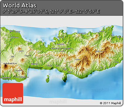 Physical 3D Map of the Area around 8° 44' 0" S, 121° 37' 30" E