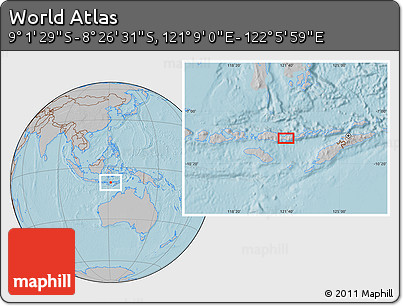 Gray Location Map of the Area around 8° 44' 0" S, 121° 37' 30" E, hill shading