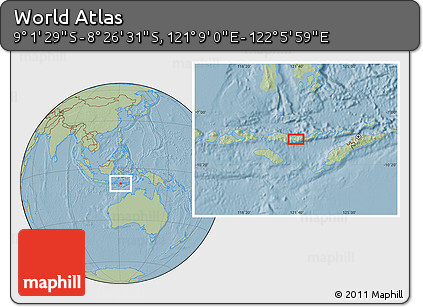 Savanna Style Location Map of the Area around 8° 44' 0" S, 121° 37' 30" E, hill shading