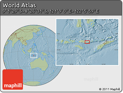Savanna Style Location Map of the Area around 8° 44' 0" S, 121° 37' 30" E, hill shading