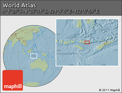 Savanna Style Location Map of the Area around 8° 44' 0" S, 121° 37' 30" E, hill shading