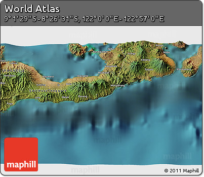 Satellite 3D Map of the Area around 8° 44' 0" S, 122° 28' 29" E
