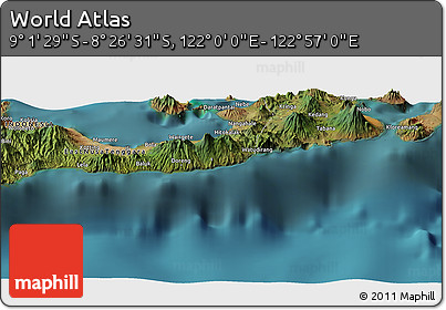 Satellite Panoramic Map of the Area around 8° 44' 0" S, 122° 28' 29" E