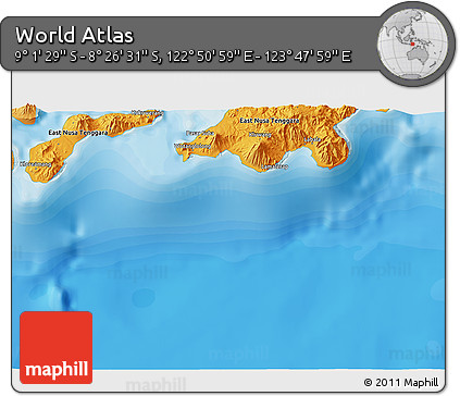 Political 3D Map of the Area around 8° 44' 0" S, 123° 19' 29" E