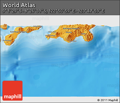Political 3D Map of the Area around 8° 44' 0" S, 123° 19' 29" E