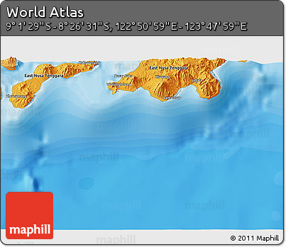 Political 3D Map of the Area around 8° 44' 0" S, 123° 19' 29" E