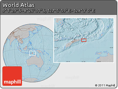 Gray Location Map of the Area around 8° 44' 0" S, 127° 34' 30" E, hill shading