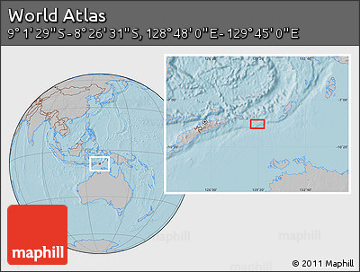 Gray Location Map of the Area around 8° 44' 0" S, 129° 16' 30" E, hill shading