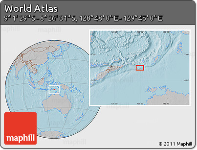Gray Location Map of the Area around 8° 44' 0" S, 129° 16' 30" E, hill shading