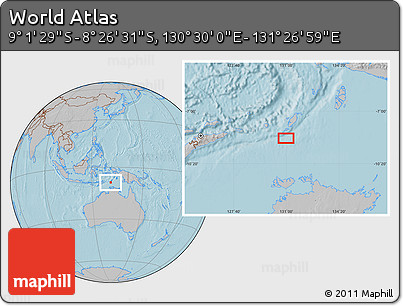 Gray Location Map of the Area around 8° 44' 0" S, 130° 58' 29" E, hill shading