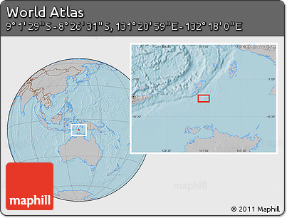 Gray Location Map of the Area around 8° 44' 0" S, 131° 49' 29" E, hill shading
