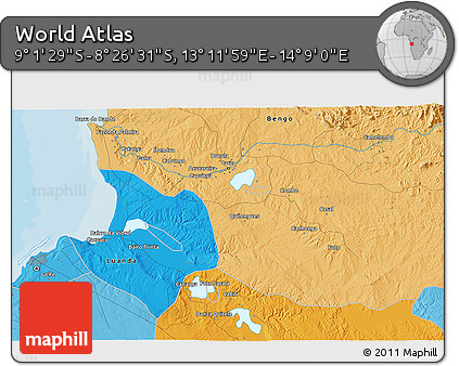 Political 3D Map of the Area around 8° 44' 0" S, 13° 40' 30" E