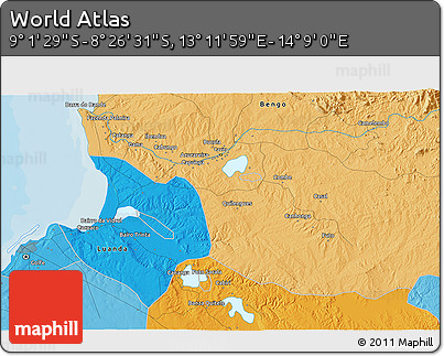 Political 3D Map of the Area around 8° 44' 0" S, 13° 40' 30" E