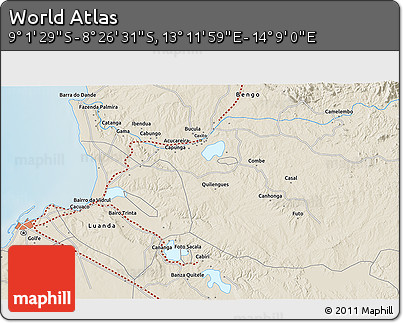 Shaded Relief 3D Map of the Area around 8° 44' 0" S, 13° 40' 30" E