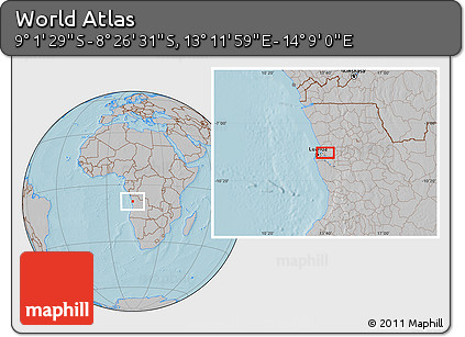 Gray Location Map of the Area around 8° 44' 0" S, 13° 40' 30" E, hill shading