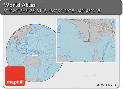Gray Location Map of the Area around 8° 44' 0" S, 140° 19' 29" E, hill shading