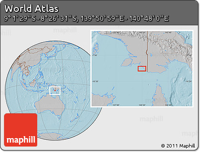 Gray Location Map of the Area around 8° 44' 0" S, 140° 19' 29" E, hill shading