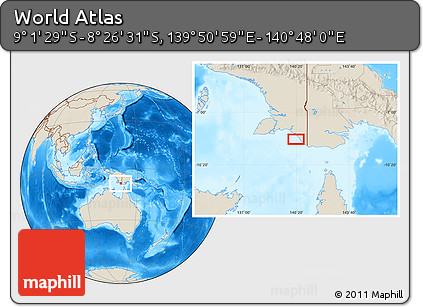 Shaded Relief Location Map of the Area around 8° 44' 0" S, 140° 19' 29" E