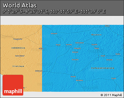 Political 3D Map of the Area around 8° 44' 0" S, 141° 10' 30" E