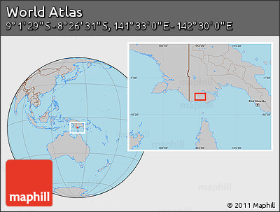 Gray Location Map of the Area around 8° 44' 0" S, 142° 1' 30" E