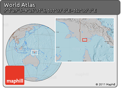 Gray Location Map of the Area around 8° 44' 0" S, 142° 1' 30" E, hill shading