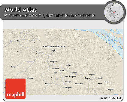 Shaded Relief 3D Map of the Area around 8° 44' 0" S, 142° 52' 30" E