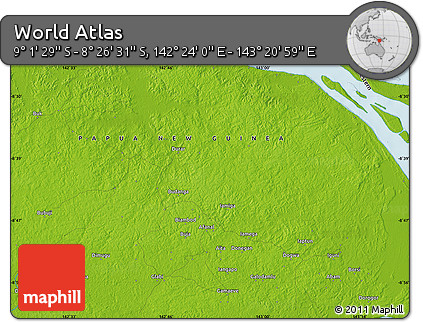 Physical Map of the Area around 8° 44' 0" S, 142° 52' 30" E