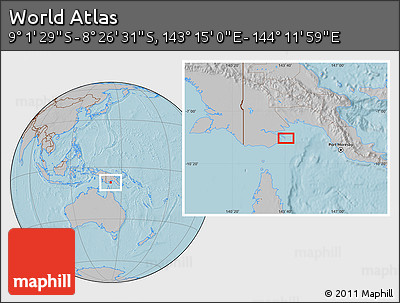 Gray Location Map of the Area around 8° 44' 0" S, 143° 43' 29" E, hill shading