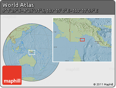 Savanna Style Location Map of the Area around 8° 44' 0" S, 143° 43' 29" E, hill shading