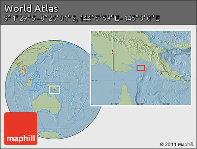 Savanna Style Location Map of the Area around 8° 44' 0" S, 144° 34' 29" E, hill shading
