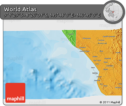 Political 3D Map of the Area around 8° 44' 0" S, 146° 16' 30" E