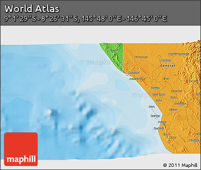 Political 3D Map of the Area around 8° 44' 0" S, 146° 16' 30" E