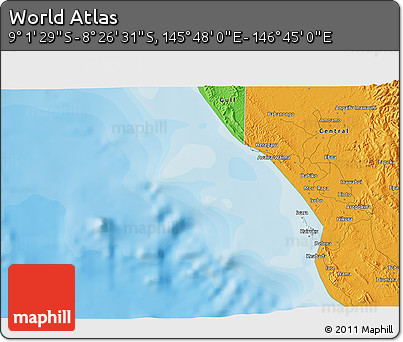 Political 3D Map of the Area around 8° 44' 0" S, 146° 16' 30" E